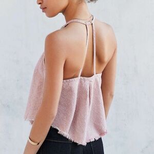 BDG Linen Blend High Neck Raw Hem Open Back Railroad Stripe Tank Top Mauve Small